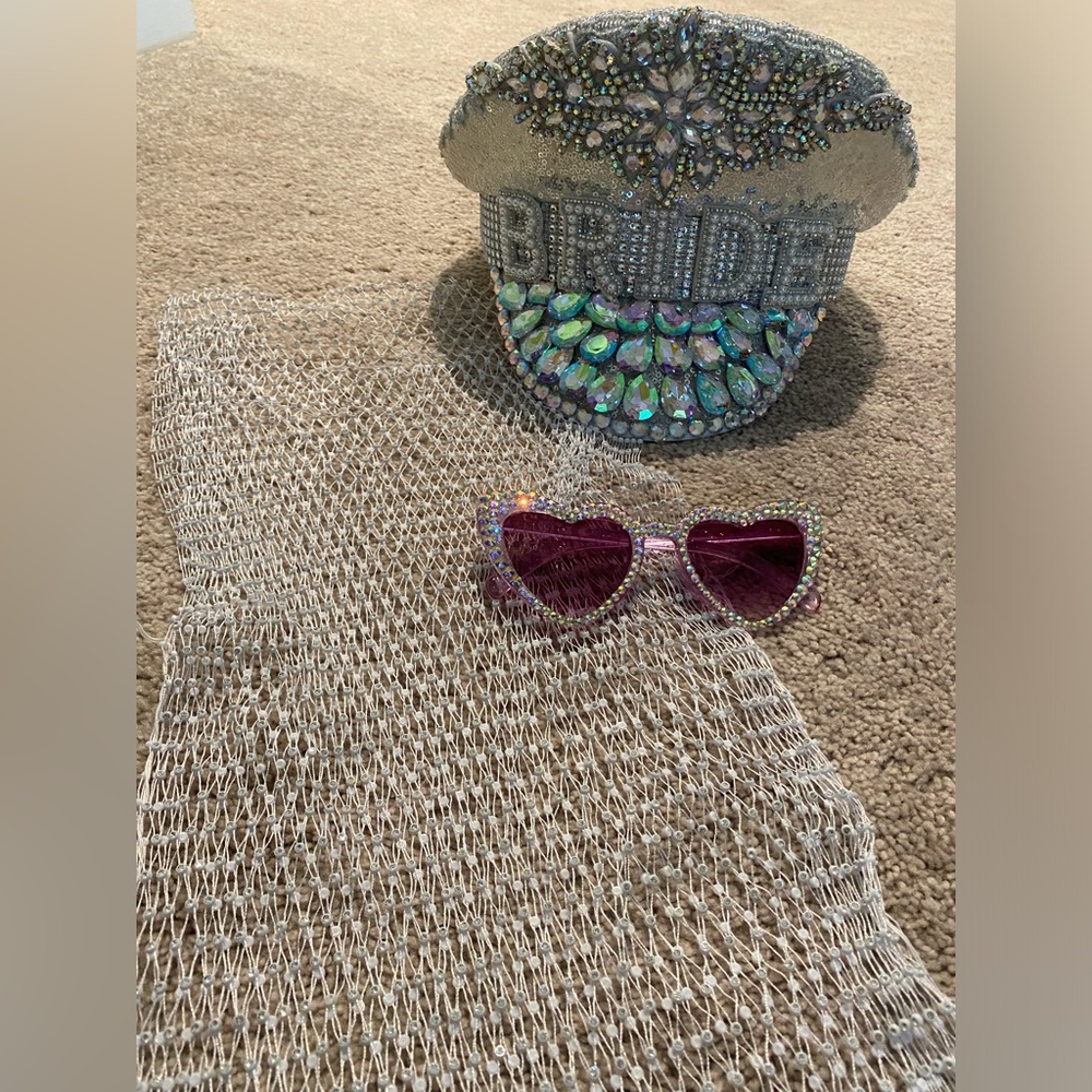 Bride Pearl diamond embedded captain hat + bathing suit cover up + glasses
